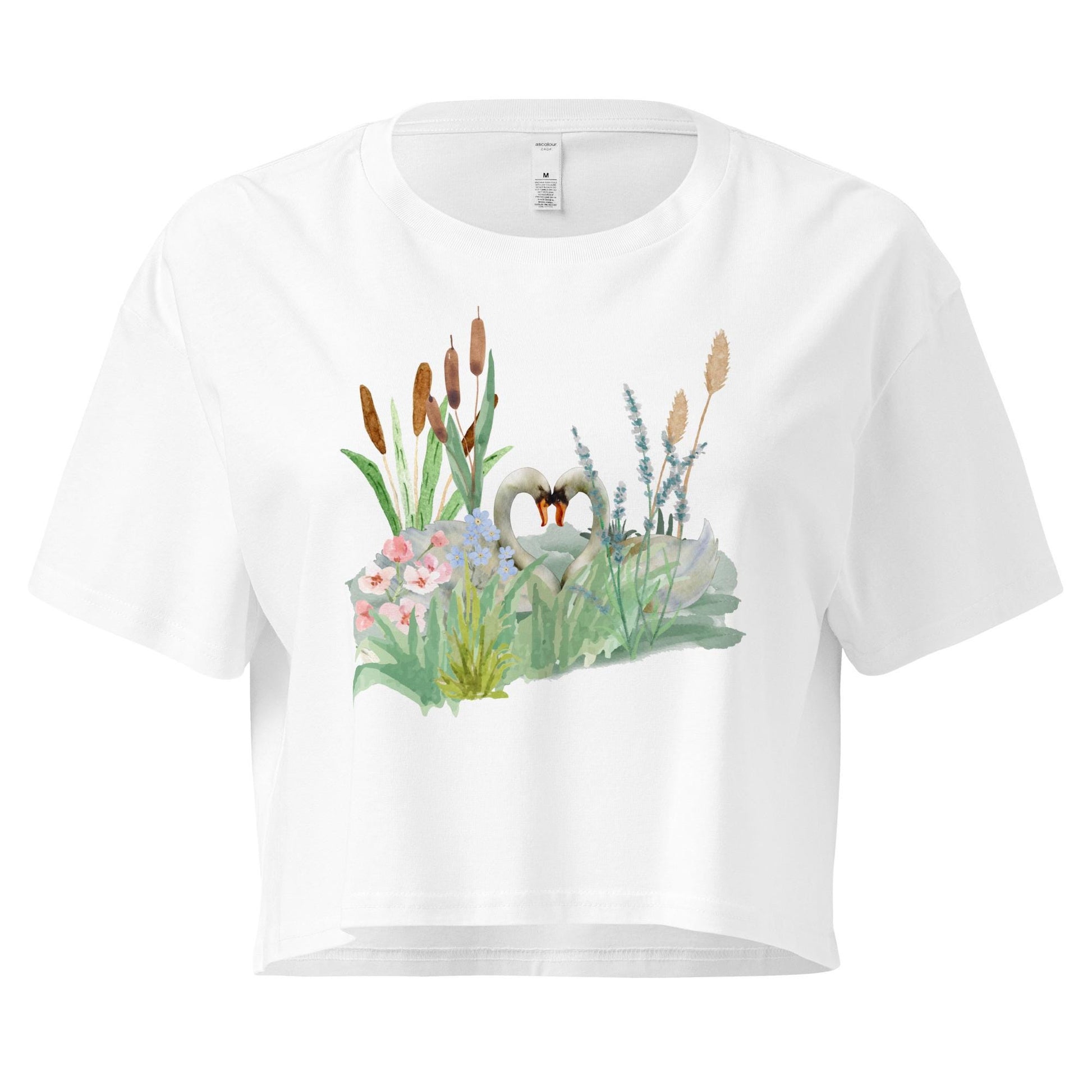 Swan Love Crop Tee | Cottagecore Crop Top | Floral Botanical T-Shirt | Nature and Love Motif | Valentine's Day Gift