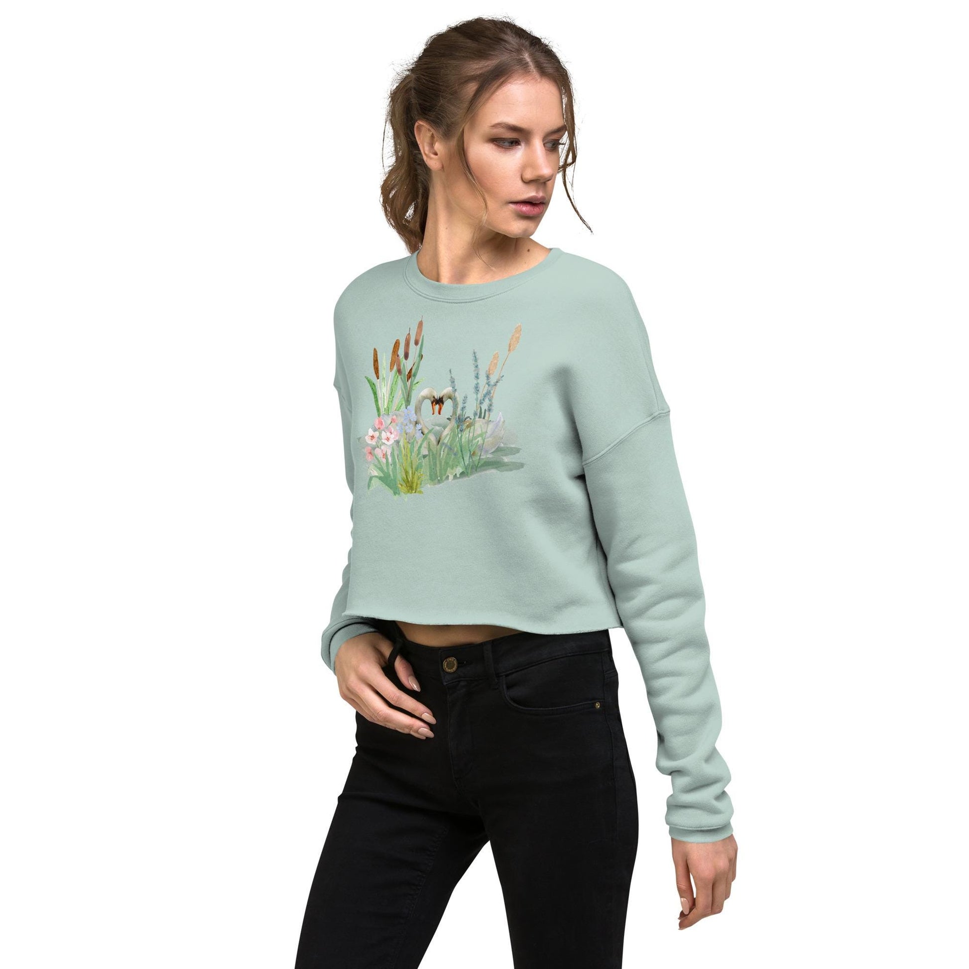 Swan Love Crop Sweatshirt | Cottagecore Crop Top | Floral Botanical Sweatshirt | Nature and Love Motif | Valentine's Day Gift